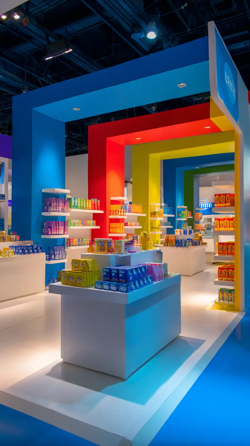 Stand modern de expoziție cu materiale imprimate colorate · târguri de tipar 2025