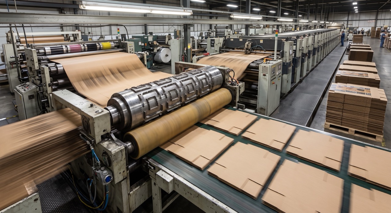 Ștanțare rotativă integrată în linia flexografică, carton ondulat în mișcare continuă · Chespa Transilvania
