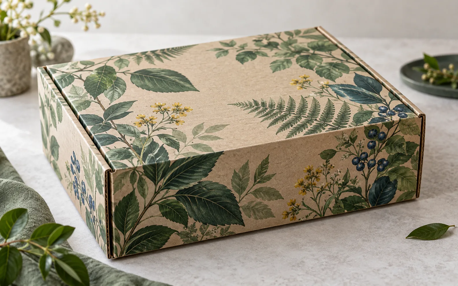 Cutie din carton cu imprimare botanică detaliată
