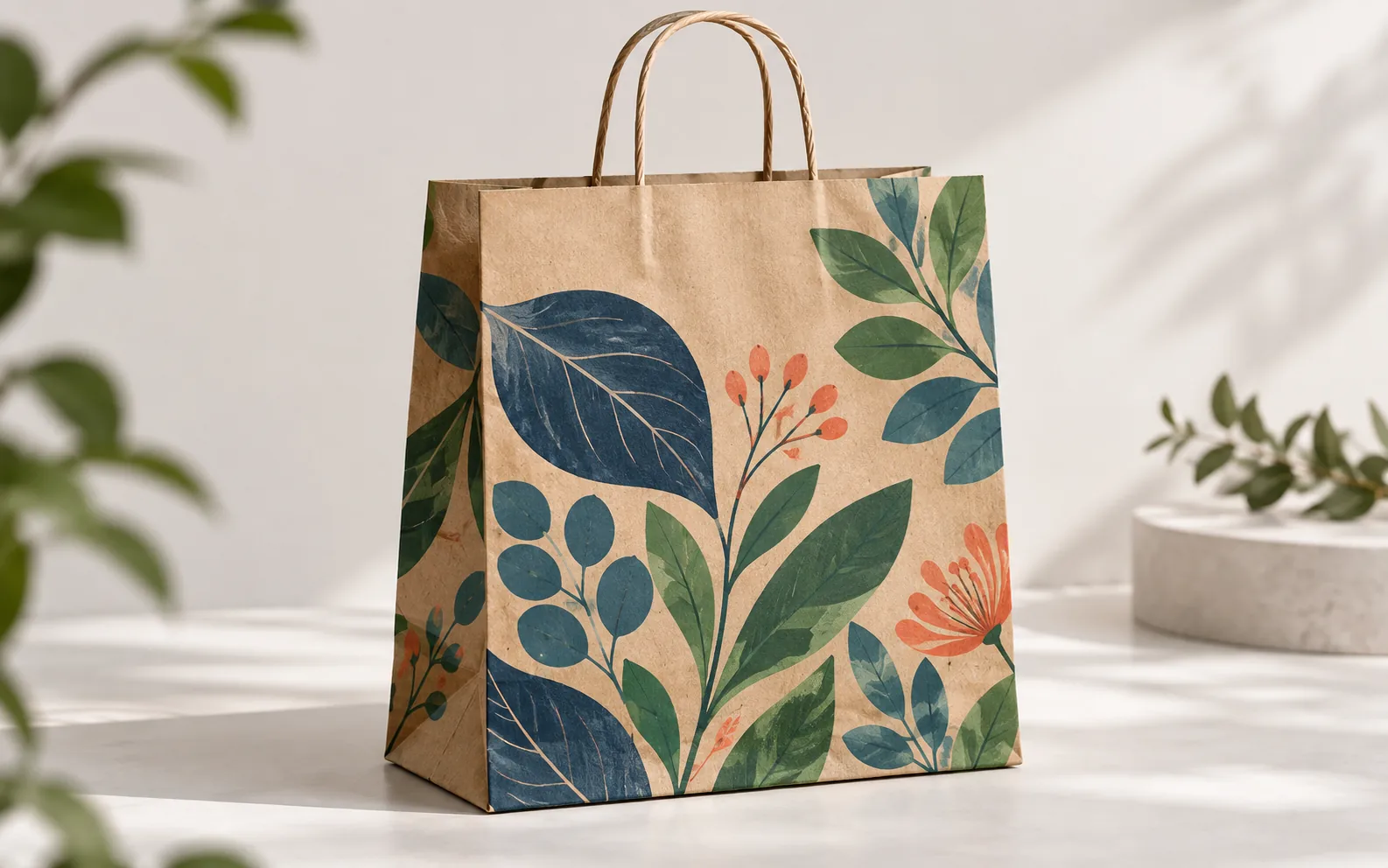 Pungă din hârtie imprimată cu motive botanice colorate