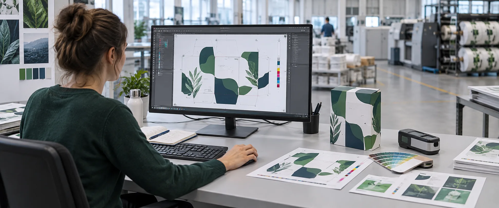 Designer de ambalaje la stația de prepress, cu machetă și probe de culoare