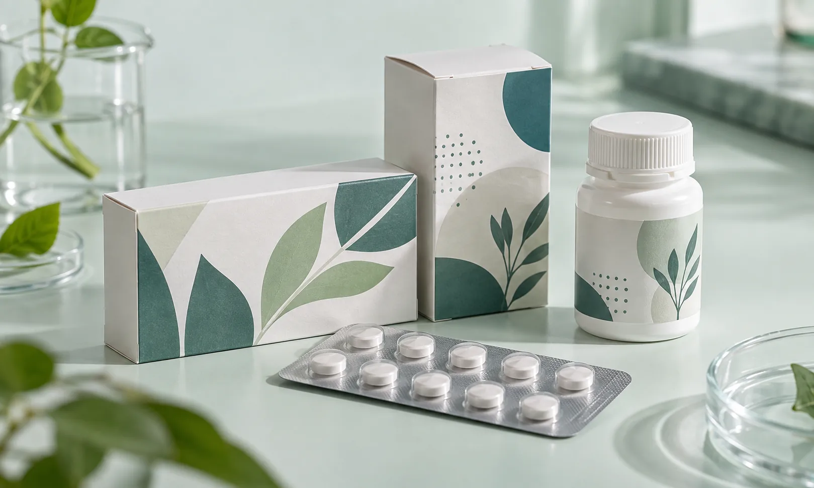 Cutii farmaceutice, flacon și blister cu design clar