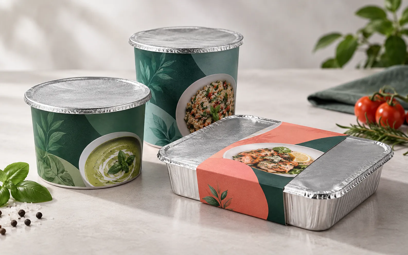 Recipiente alimentare cu folie imprimată și strat de aluminiu