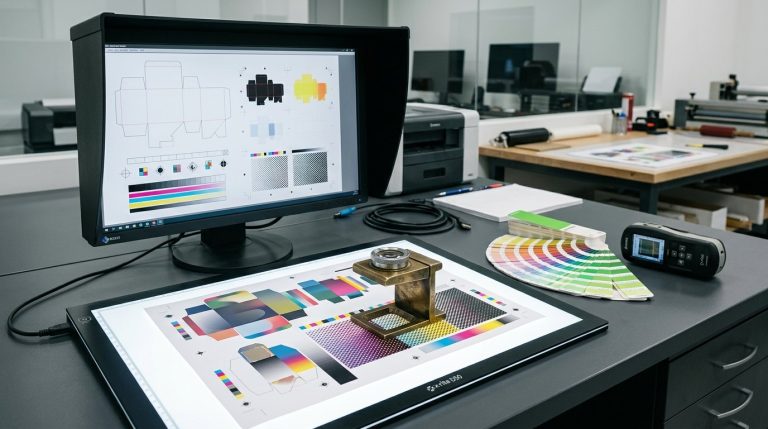 Verificare prepress înainte de bunul de tipar: desen tehnic de ambalaj, separații de culoare, probă tipărită pe masă luminoasă D50 și lupă tipografică · Chespa Transilvania