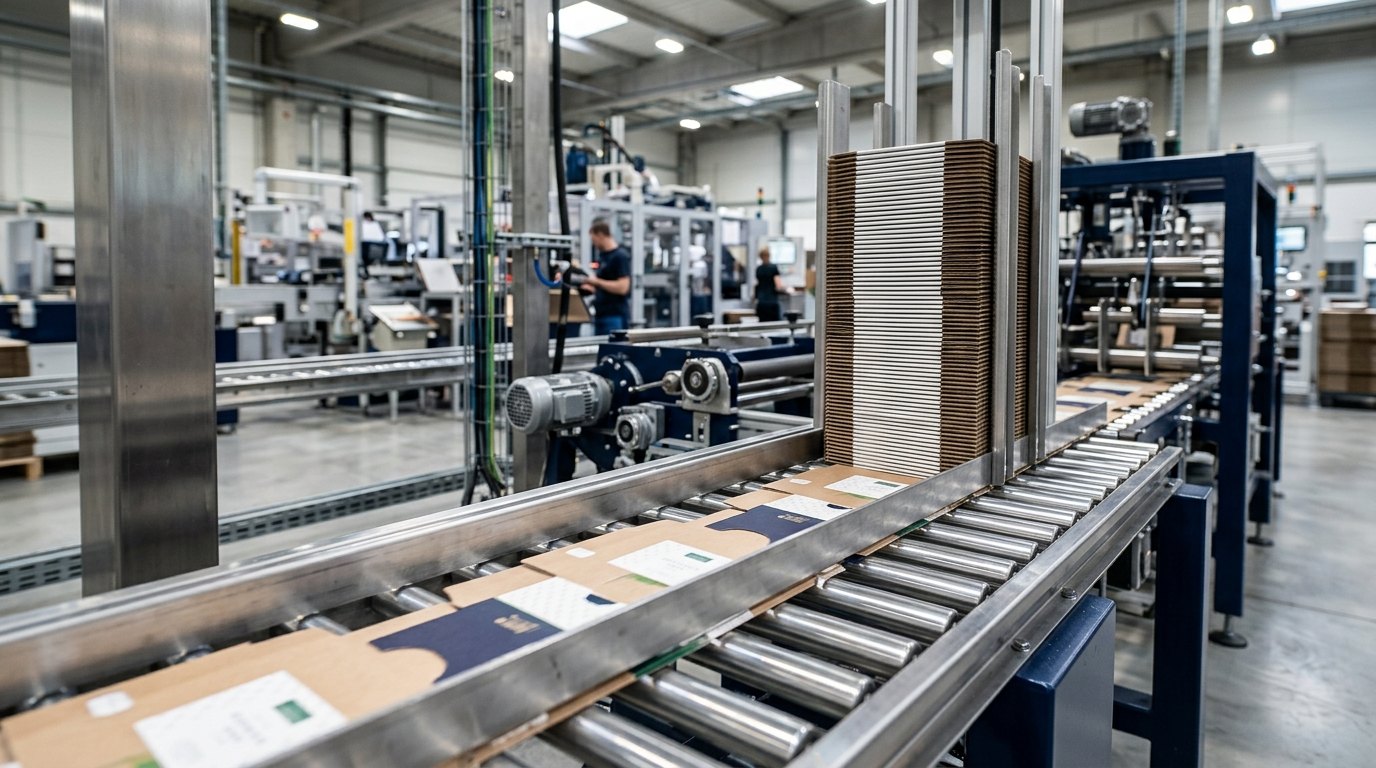 Linie automată de alimentare și stivuire a ambalajelor din carton: alunecare controlată pe role și stabilitate în teanc · Chespa Transilvania